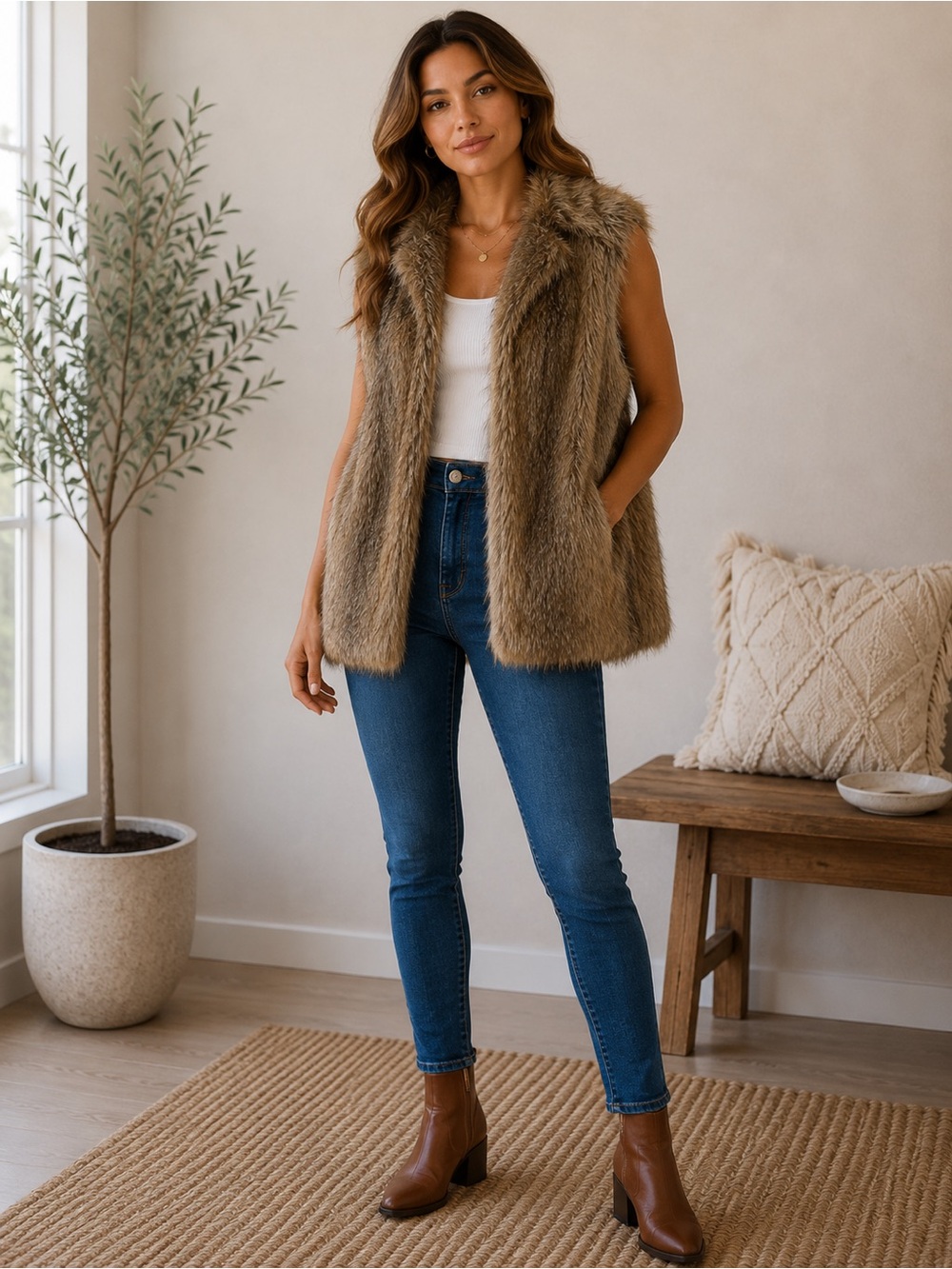 Rlz Womens Faux Fur Vest Brown Large